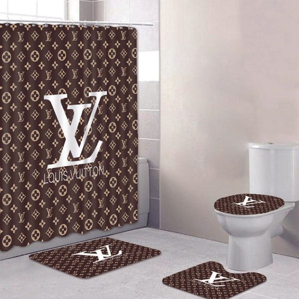 Shower Curtains Louis Vitton Brown White Logo Full Bathroom Sets 088