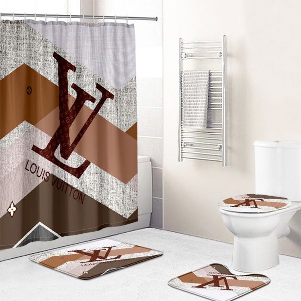 Shower Curtains Louis Vitton Striped Beige Logo Full Bathroom Sets 095