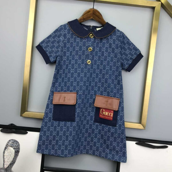 Gucci Kids Blue Jean Dress With Gucci Print Dress