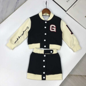 Dior Kids Embroidery Letter Jacket Single Breasted Short Skirt Two Piece Matching Set Black