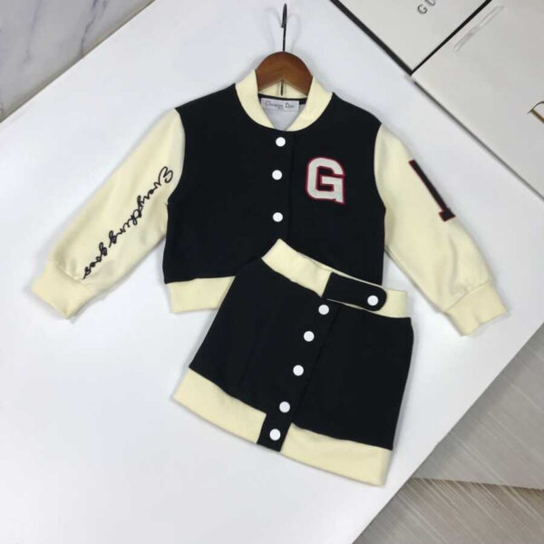 Dior Kids Embroidery Letter Jacket Single Breasted Short Skirt Two Piece Matching Set Black