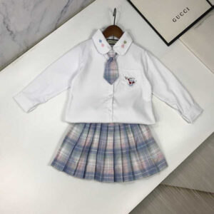 Gucci Kids Plaid Outfits Long Sleeve Button Down Blouse Shirt+Pleated Mini Blue Skirt Set