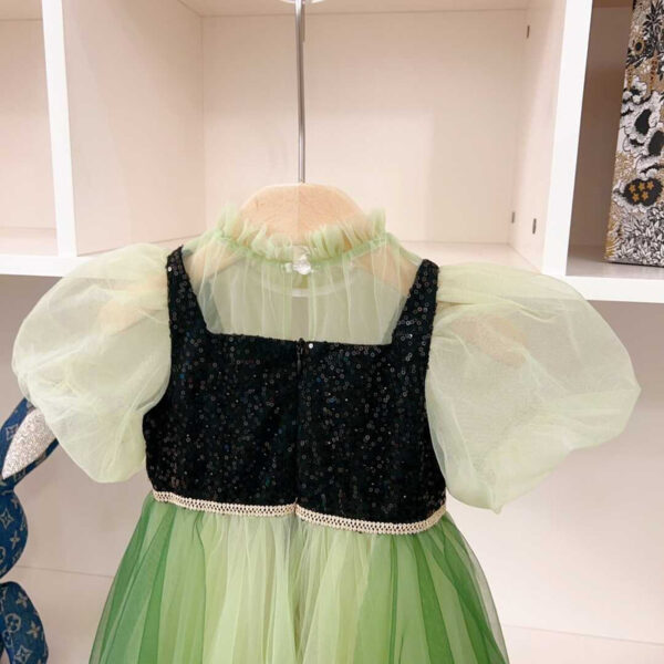 Dior Kids Sequin Hem Contrast Mesh Gown Dress Green