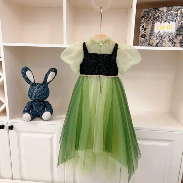 Dior Kids Sequin Hem Contrast Mesh Gown Dress Green