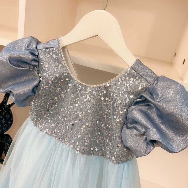 Dior Kids Sequin Hem Contrast Mesh Gown Dress Blue